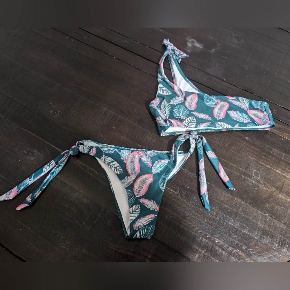 ROMWE Green and Pink Bikini Set Swimwear